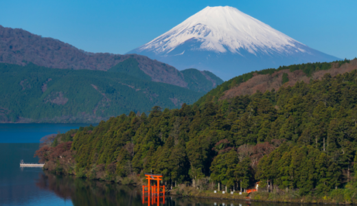 芦ノ湖から見た富士山と箱根神社の鳥居