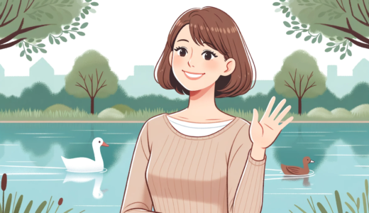 公園の池の前で笑顔で手を振る中年女性