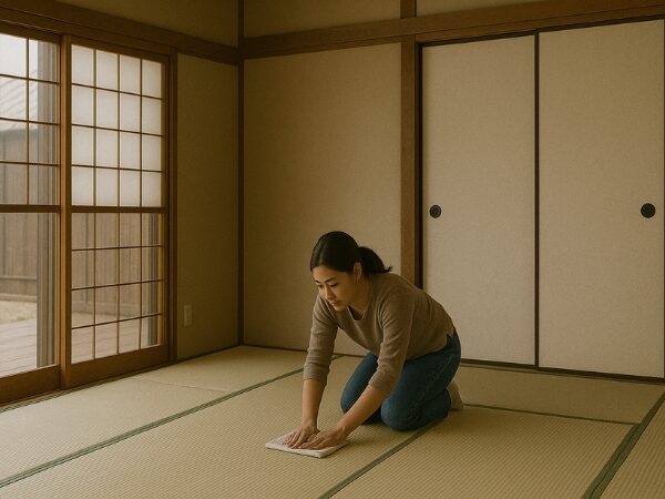 実家の和室を拭き掃除する娘