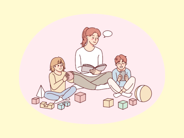 本を読んでため息のこぼれる子育て中のママと2人の子供たち