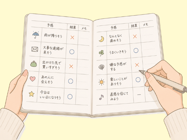 開いたノートに○×でその日に当たったことを書いている手