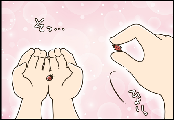 小さなてんとう虫を傷つけないよう、手のひらにそっと乗せて大切に扱う様子