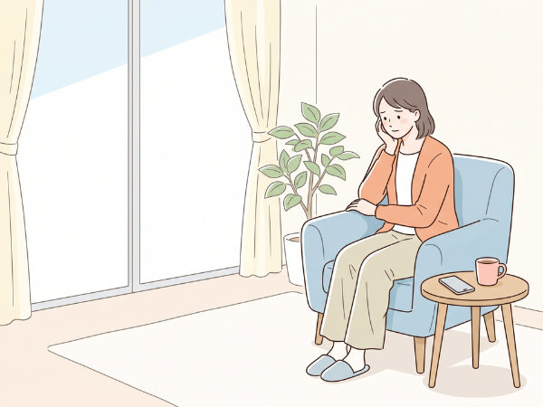 リビングのソファーに座って肘をついて考えている女性