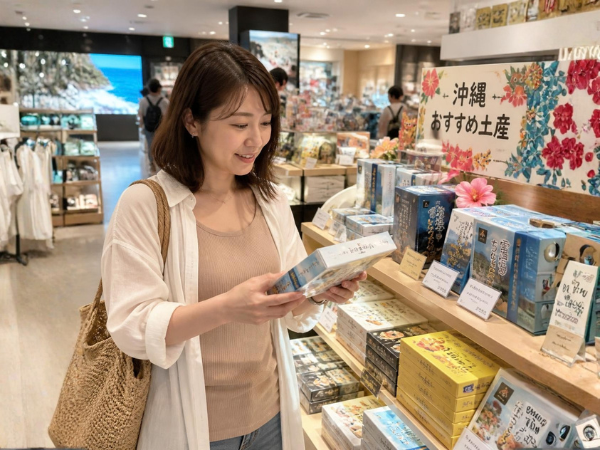 旅行先のお土産店でお土産を手に取って選んでいる女性