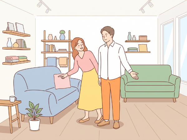 水色のソファーを見て話をするカップル