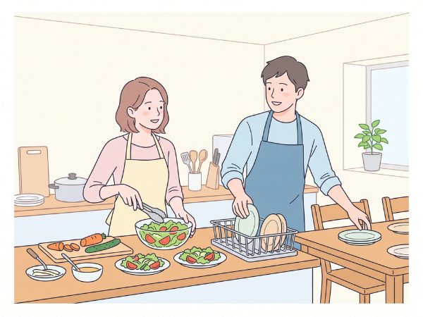キッチンで楽しそうに一緒に料理をするカップル