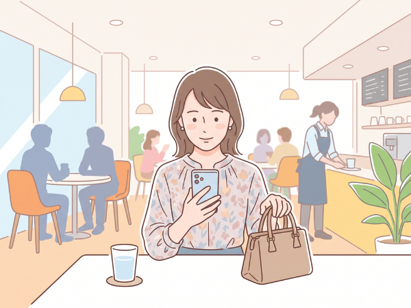 待ち合わせ場所のカフェでスマホを見ている女性