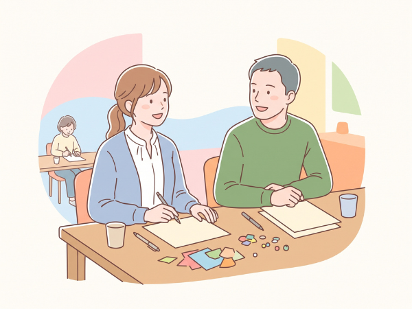 趣味の教室で隣同士で会話する男女