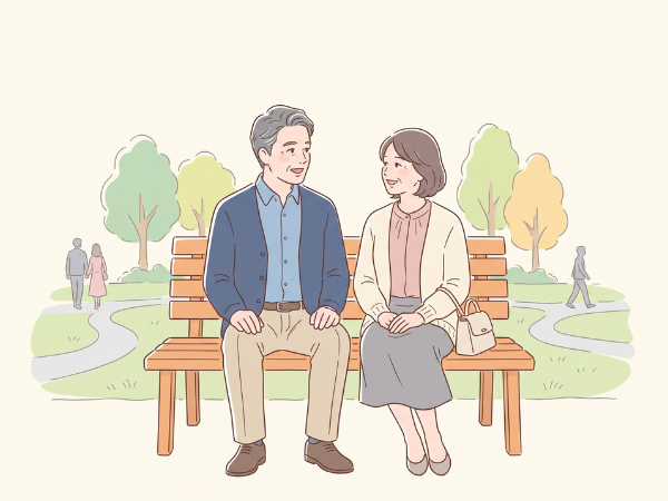 公園のベンチで穏やかに話す50代の男女