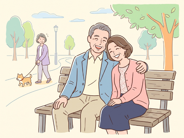公園のベンチに座って寄り添い笑顔の50代カップル