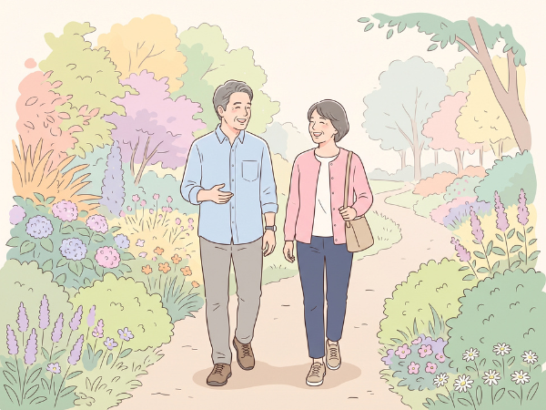 広い園内を穏やかに話をしながら並んで歩く50代男女