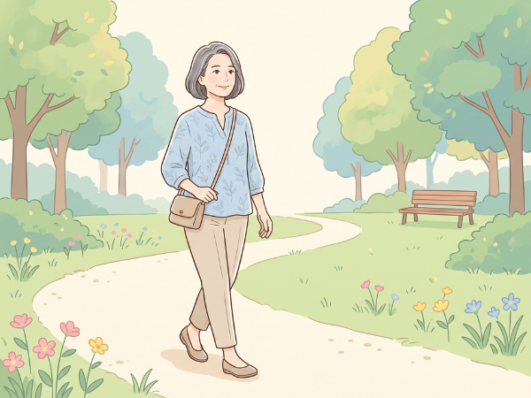園内を一人で散歩する50代女性