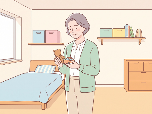 昔、子どもが大事にしていたぬいぐるみやおもちゃを持って懐かしむ様子の女性