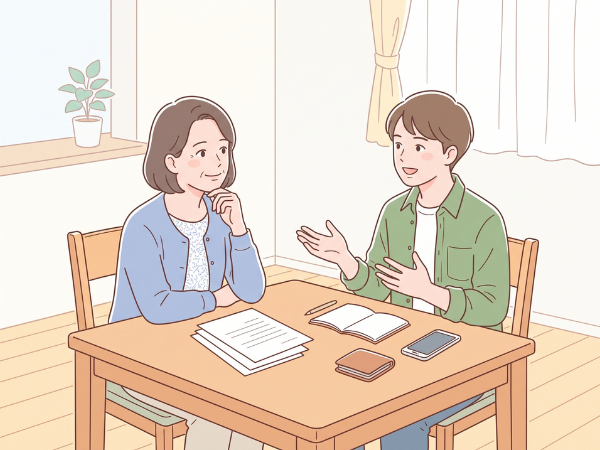テーブルに座って20代の息子と将来について話をする女性