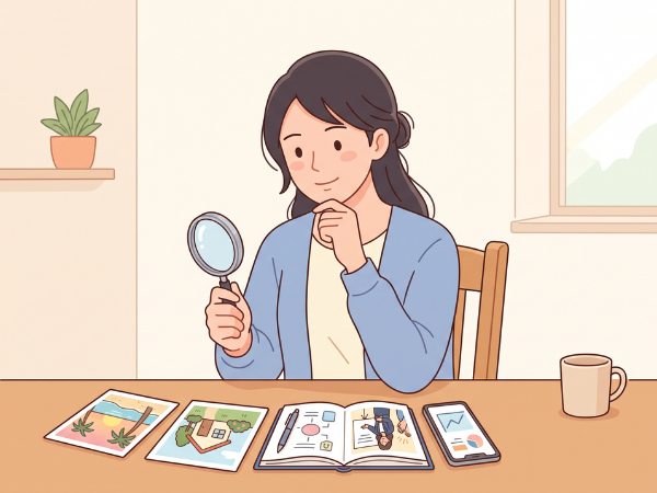 虫眼鏡で自分の願望を調べている女性