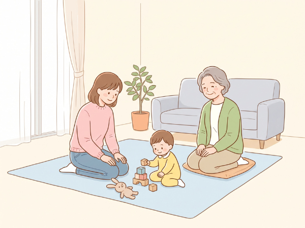 リビングで娘と座って、孫が積み木で遊んでいる様子をほほえましい表情で見ている50代女性