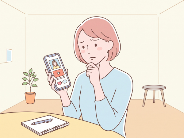 スマホでYouTubeを見て、半信半疑の女性