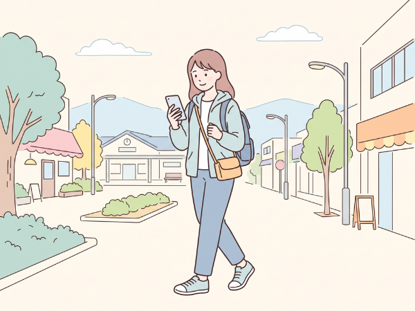 街中をスマホ片手に散策する女性