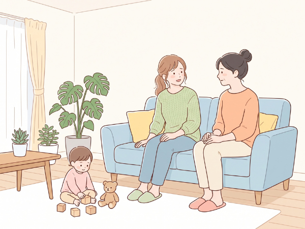 2人でリビングのソファーに座って娘の悩みを聞いている50代女性、足元では孫がおもちゃで遊んでいる