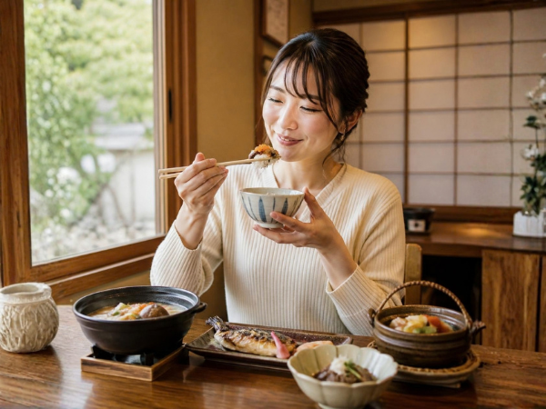 旅行先の料理屋で地元の郷土料理を美味しそうに食べている女性