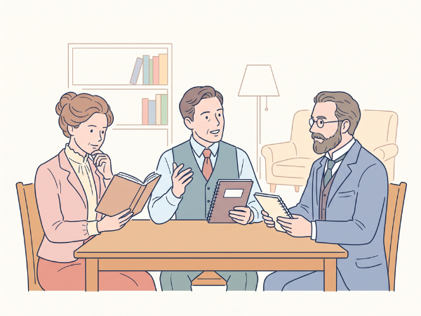 外国の3人の男女の偉い人たちが本を持って話し合いをしている様子
