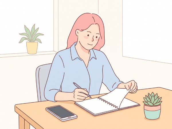 机に座って願望を白いノートに書いている女性