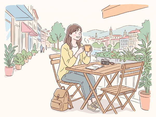 旅先のカフェの屋外スペースにあるテーブルでゆっくりお茶をする女性