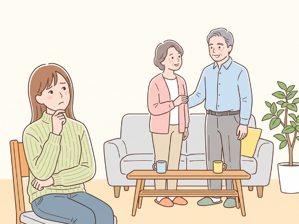 リビングで仲良し50代カップルを見て複雑な気持ちでいる娘