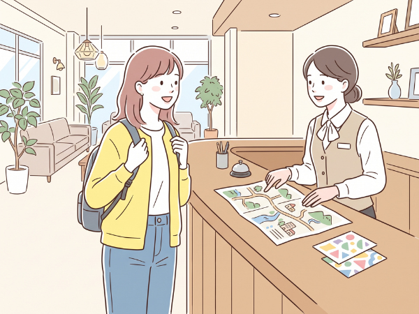 ホテルのフロントで地図を見て話す女性