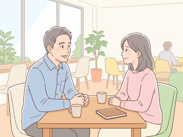 カフェでお互いの将来について語る50代カップル