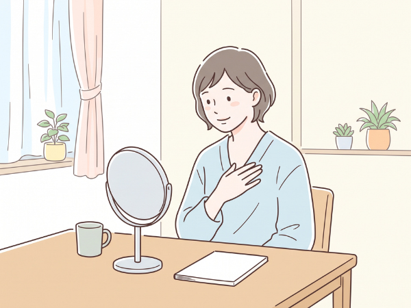 丸い鏡で自分を見て心を落ち着かせている女性