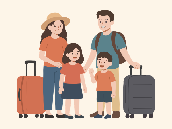 旅行へ行く四人家族のイラスト