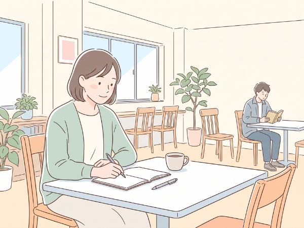 休憩室で同僚とさらっと距離を置いて座っている女性