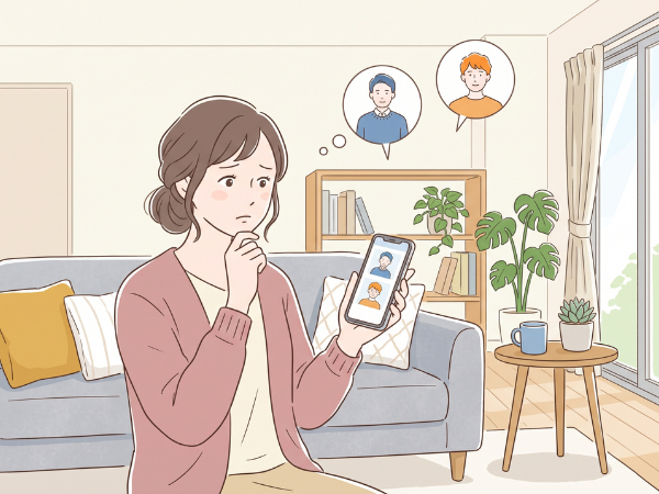 スマホで相手のプロフィールを見て悩んでいる女性
