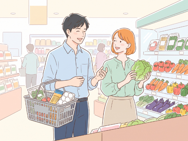 スーパーで仲良く笑顔で買い物をするカップル