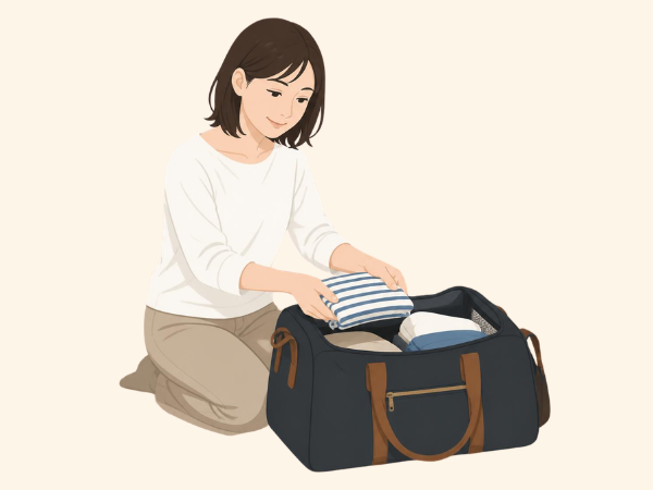 ボストンバッグに旅行用の服を畳んでしまう女性